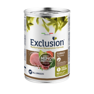 exclusion mediterraneo monoprotein nisu ja gluteenivaba täissööt täiskasvanud koertele kalkunilihaga 12 x 400 gr.